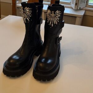 New Free People Nan-Ku Glasgow Crystal Embellished Combat Boots Black Sz 10